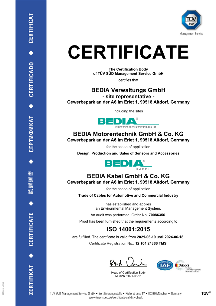 BEDIA ISO 14001 Certificate